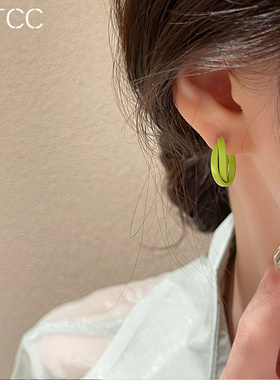 S925银针简约小巧绿色c形耳钉女百搭韩国气质耳圈耳环高级感潮