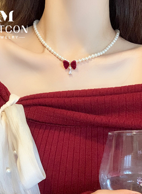 红丝绒蝴蝶结珍珠项链女2024新款爆款轻奢高级感锁骨链颈链毛衣链