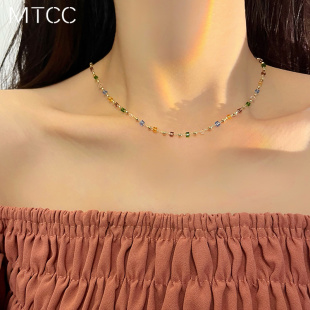 2023年新款 彩色水晶串珠项链女锁骨链夏小众设计感简约choker颈链