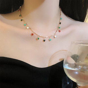 异域风情饰品锁边彩色立体桃心吊坠项链女潮流气质彩绘爱心锁骨链