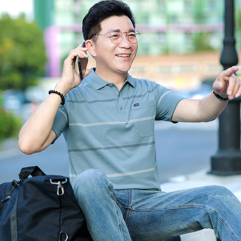 中年男短袖t恤夏季爸爸装冰丝棉翻领半袖中老年人新款条纹polo衫