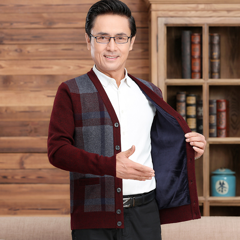 本命年爸爸毛衣开衫外套加厚秋冬季针织羊毛衫加绒中老年男装上衣