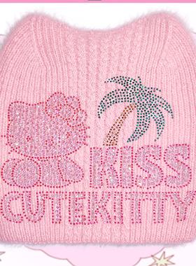 Dar1ng猫耳针织毛绒帽秋冬保暖加厚软糯长绒大头围显脸小毛线帽