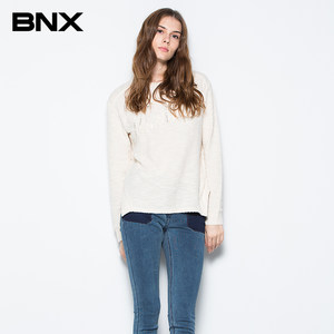 BNX春季女装字母印花圆领T恤套头开衩简约上衣纯色长袖衫