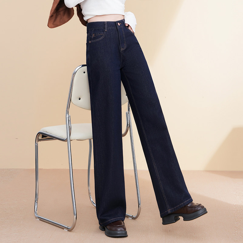 丹宁蓝直筒牛仔裤女2025秋季新款梨形身材显瘦宽松百搭窄版阔腿裤