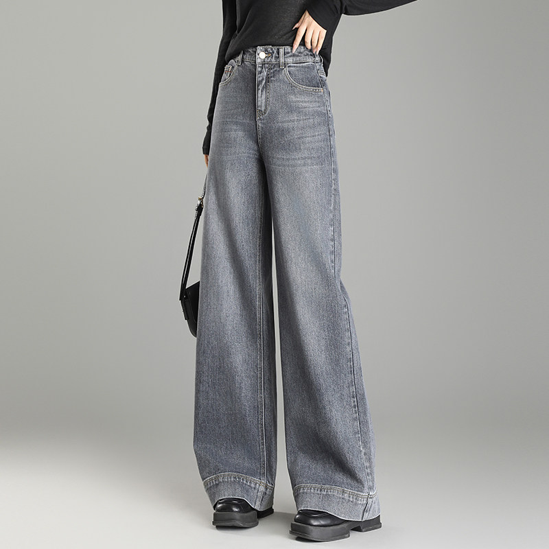 烟灰色做旧休闲牛仔裤女高腰显瘦百搭宽松直筒阔腿裤2025春季新款
