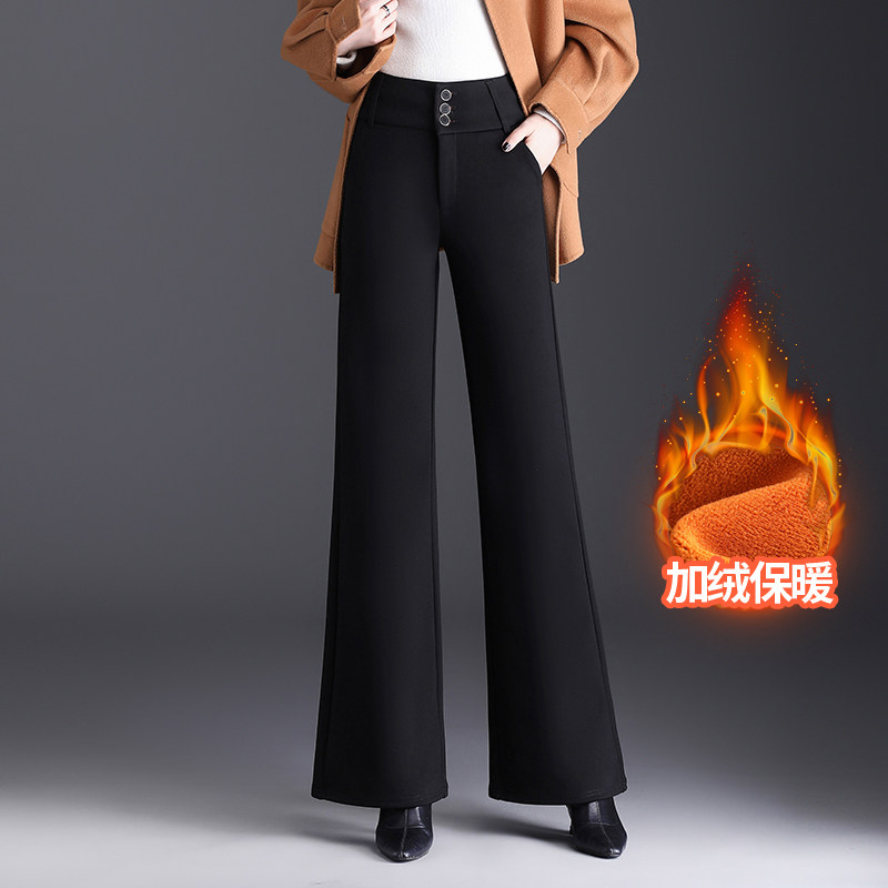 中年妈妈宽松直筒阔腿裤高腰显瘦垂感加绒加厚毛呢大码直筒裤冬季