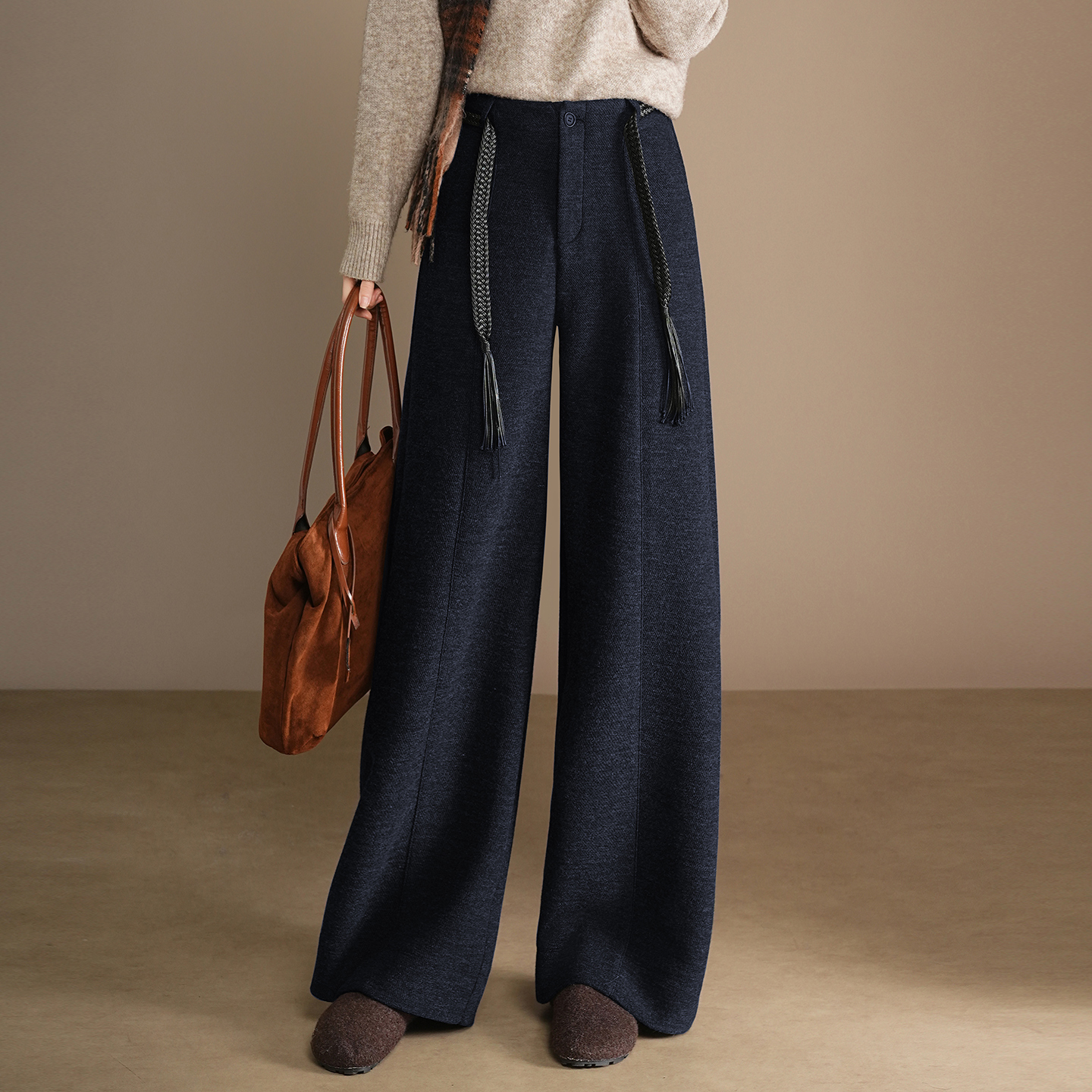 2025秋冬高腰显瘦宽羊毛裤松阔腿裤保暖加绒加厚休闲裤拖地长裤子