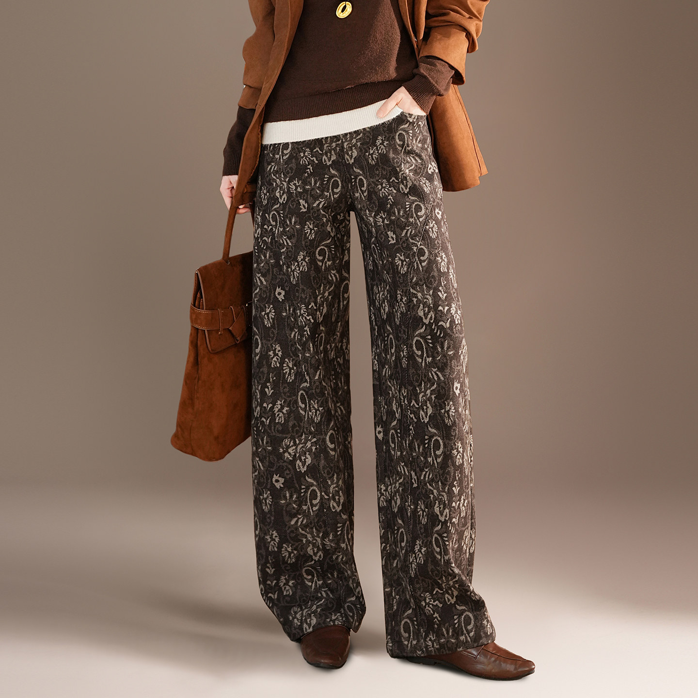 高腰显瘦宽松阔腿裤休闲百搭印花个性弯刀裤镰刀裤秋冬保暖长裤子