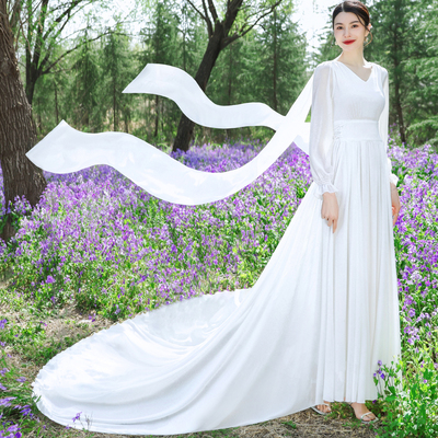 度假大摆雪纺白色拖尾飘带长裙女