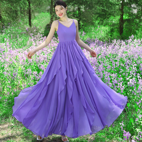 复古吊带木耳边大摆雪纺长裙子女