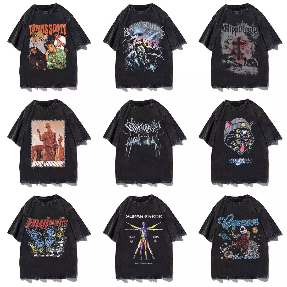 美式高街复古水洗做旧印花短袖纯棉t恤男女潮牌宽松嘻哈情侣上衣