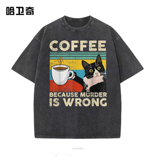 春夏短袖T恤跨境水洗做旧欧美女士卡通猫咪原宿风复古纯棉上衣服