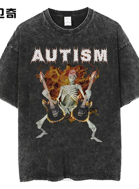 新款搞怪骷髅人纯棉洗水做旧T恤欧美风AUTISM骷髅爆炸短袖上衣服