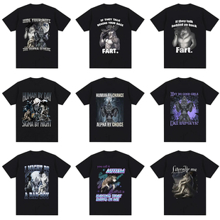 T恤男宽松街头复古坐着 新款 狼周边短袖 狼月光下 狼衣服 有趣