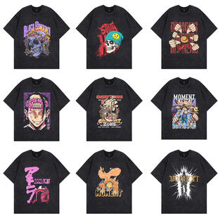 水洗做旧重磅vintage动漫印花短袖 复古潮牌宽松情侣t恤街头风 美式