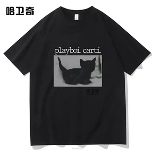 新款美式Playboi Carti嘻哈搞怪可爱的猫原宿印花短袖T恤男士上衣
