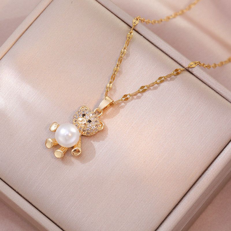 项链女 网红日韩小熊锆石珍珠小众时尚新款设计感吊坠气质锁骨链