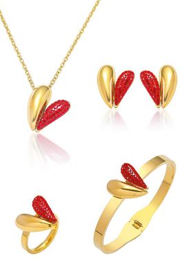 项链女新品时尚简约红色爱心气质耳环手镯不锈钢套装跨境桃心项链