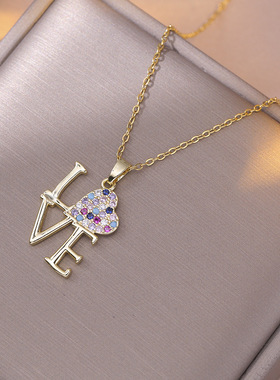 项链女跨境时尚气质彩色爱心锆石LOVE跨境桃心锁骨链字母欧美项链