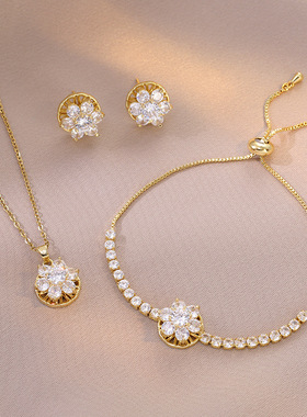 项链女 网红ins潮跨境三件套旋转耳环戒指套装项链微镶锆石锁骨链