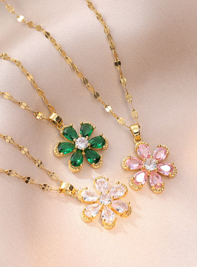 项链女 复古风花朵ins电镀气质流苏锁骨链日韩风时尚钛钢项链