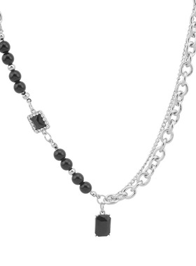 黑宝石吊坠珍珠项链男潮欧美嘻哈轻奢小众设计感百搭钛钢情侣项链