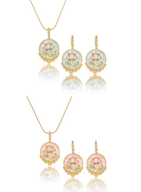 项链女新款花园花朵天然淡水珍珠滴油花朵油画风饰品耳环套装项链