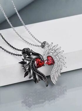 镶钻爱心锆石黑白欧美情人节礼物项链天使恶魔翅膀小众设计感吊坠
