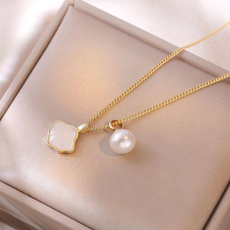 项链女 扇形贝壳珍珠耳钉s925银针耳环女韩版时尚贝母新款耳饰