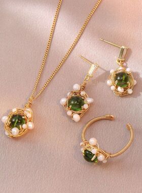 项链女 淡水珍珠新款潮复古绿色宝石设计感小众耳环戒指项链饰品