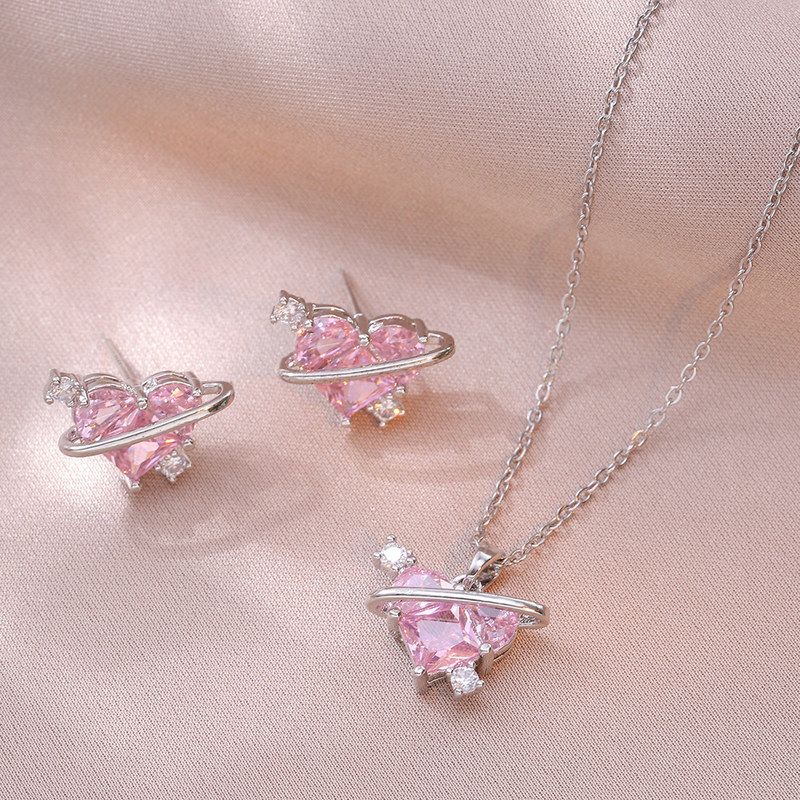 项链女 粉色星球耳环ins小众设计甜美气质少女粉钻爱心套装项链