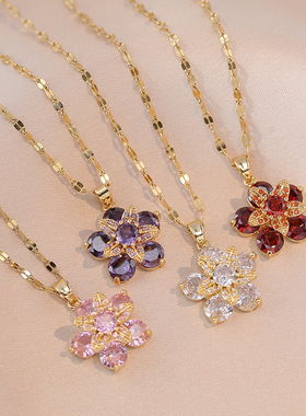 项链女跨境微镶简约旋转花朵粉色彩色锆石微镶时尚潮流锁骨链