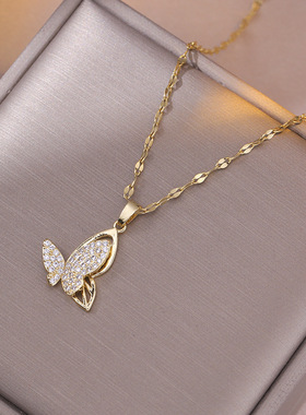 项链女 网红跨境小香风满钻蝴蝶女式项链气质日韩风钛钢锁骨链女
