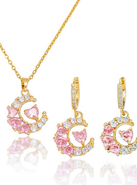 项链女 网红同款粉色月亮设计钛钢爱心锆石耳环套装饰品跨境项链