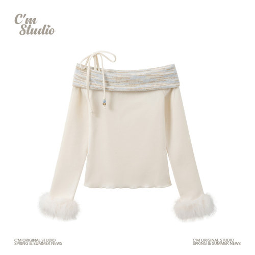 绑带翻领木耳边磨毛加厚长袖上衣