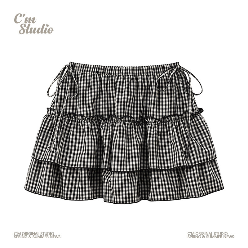 快乐兽 绑带双层花边黑色格纹蛋糕短裙女学院风松紧腰a字半身裙子