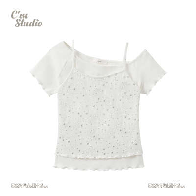 设计感星星吊带假两件斜肩短袖女