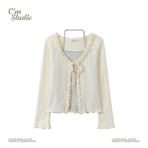 甜妹打褶木耳边格纹假两件绑带