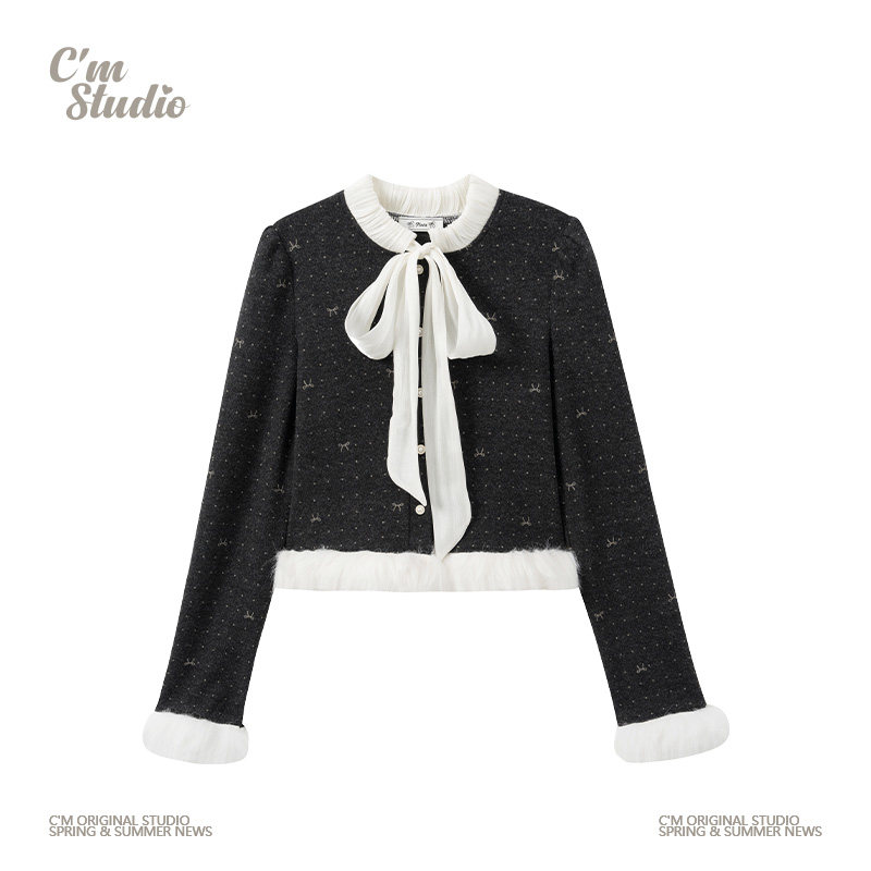 快乐兽 绑带蝴蝶结毛绒拼接波点开衫长袖上衣女千金风保暖短外套,女装/女士精品,毛针织衫,淘宝优惠券,粉丝福利购,淘宝优惠卷