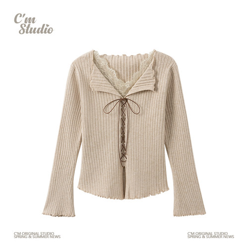 绑带蕾丝拼接翻领针织内搭长袖女