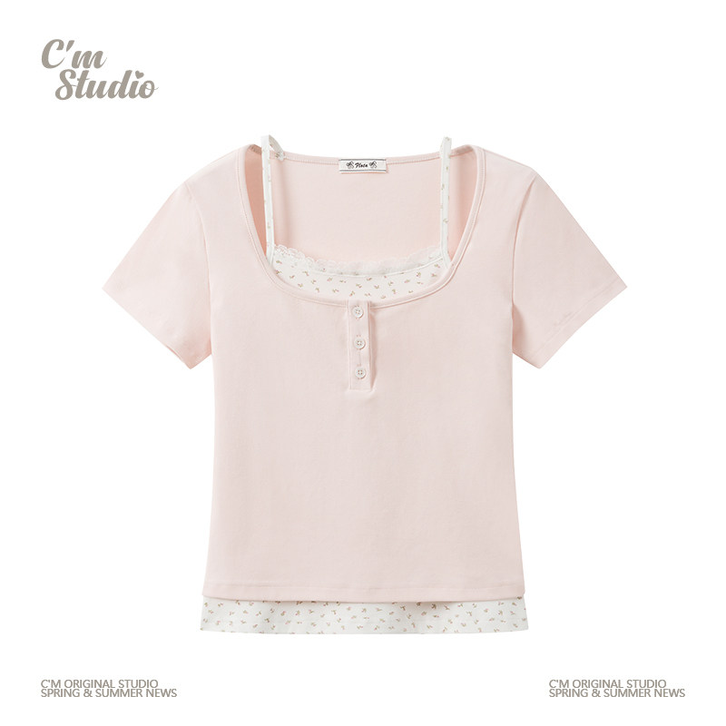 快乐兽 碎花吊带假两件粉色正肩短袖T恤女甜美小个子修身短款上衣