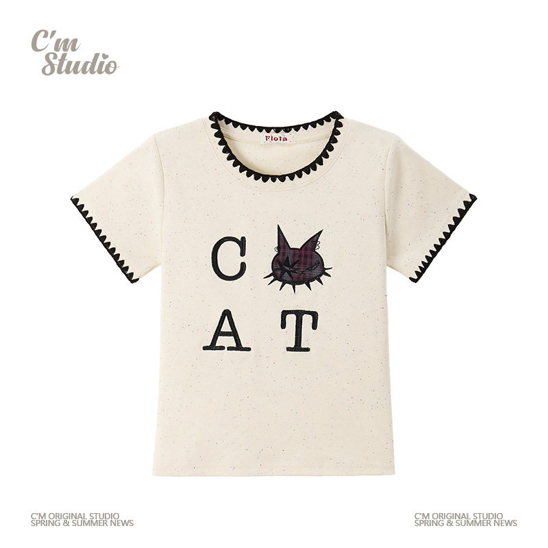 快乐兽 童趣风刺绣卡通猫咪短袖t恤女日系贝壳绣修身显瘦短款上衣