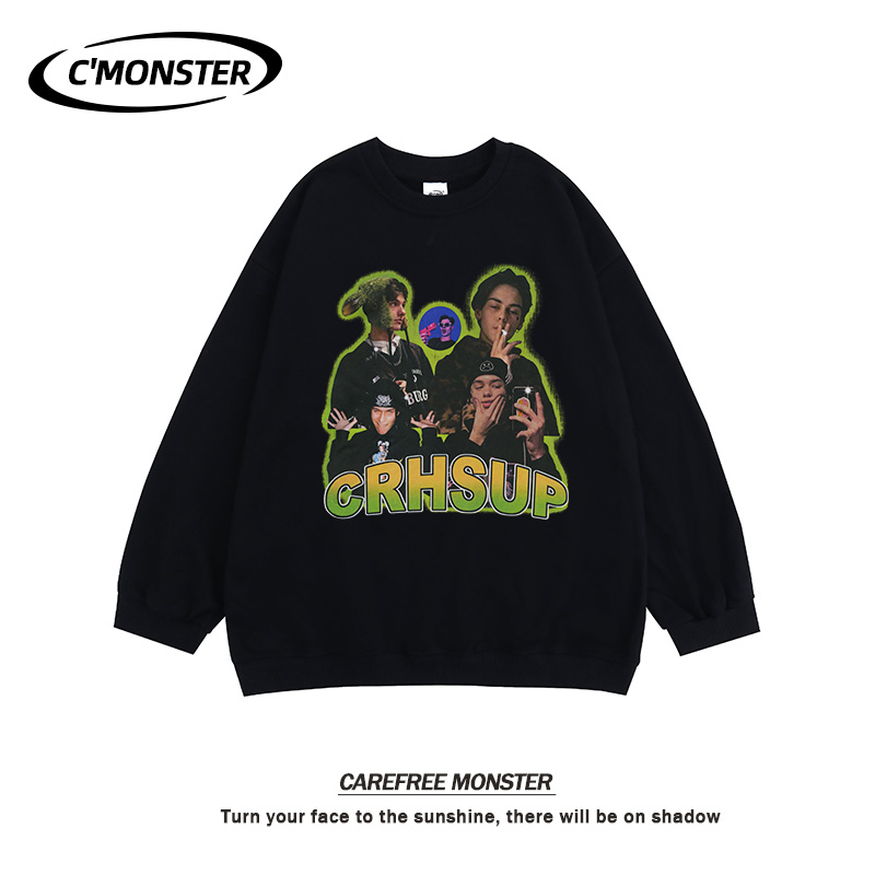 c"monster 自制设计感街头潮牌印花宽松情侣加绒加厚圆领卫衣女男