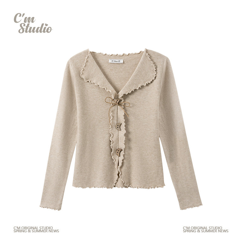 纽扣木耳边纯色翻领针织内搭长袖