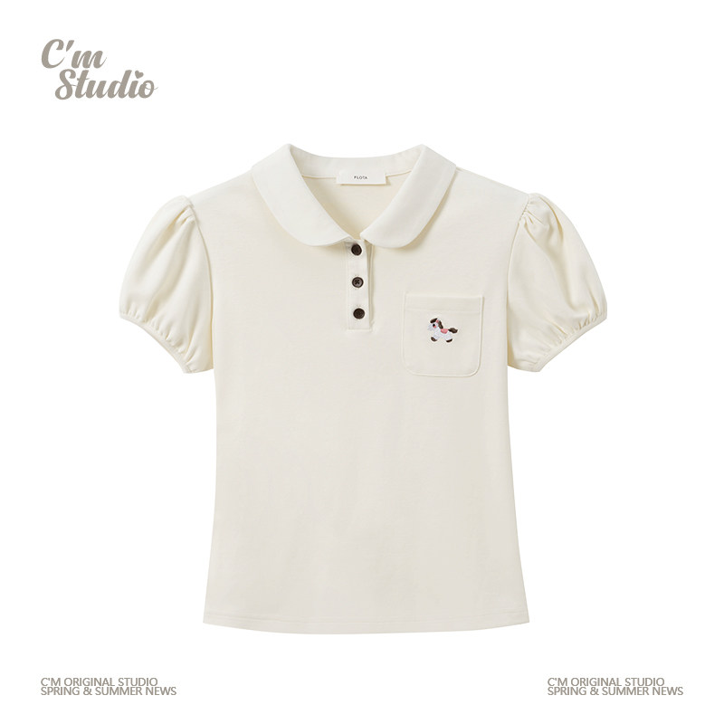 快乐兽 甜妹刺绣卡通口袋polo领正肩短袖T恤女修身泡泡袖短款上衣