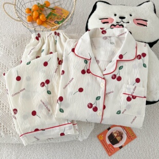 可爱樱桃长袖睡衣女春秋薄款纯棉纱布套装2026新款夏季外穿家居服