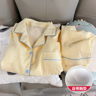 云朵纯棉带胸垫睡衣女春秋季长袖长裤甜美少女家居服夏天两件套装