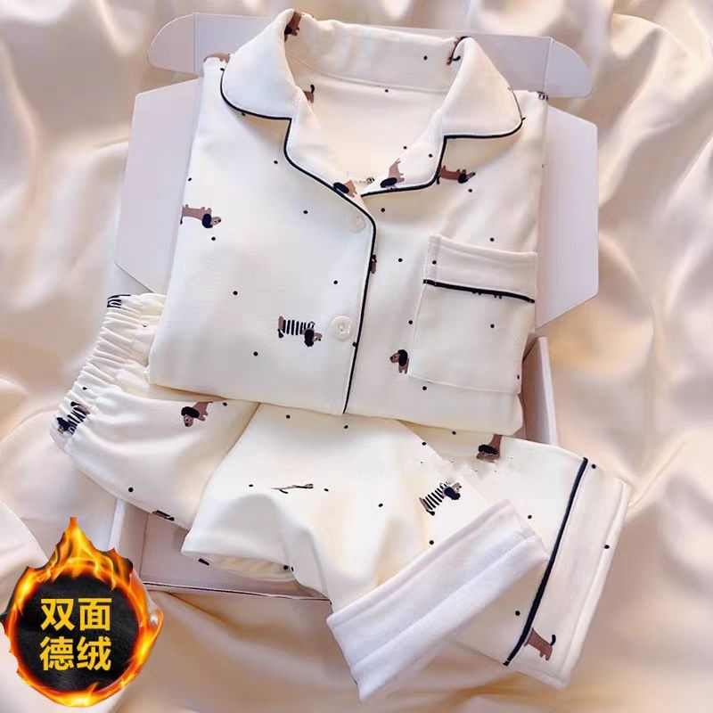 小狗德绒睡衣女秋冬季珊瑚绒法兰绒加绒加厚长袖春秋款家居服套装