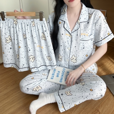 三件套睡衣女款春秋夏季云朵纯棉纱短袖韩版可爱奶呼呼夏天家居服